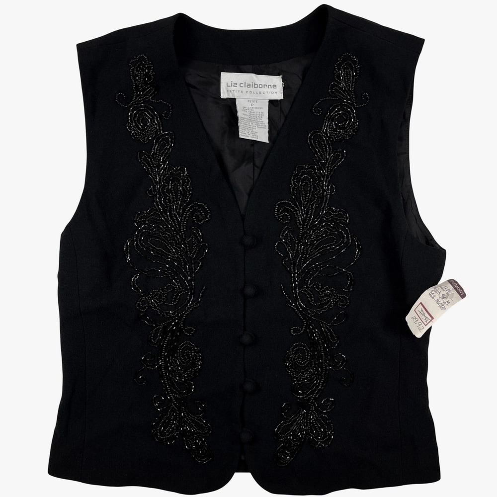 Vtg Beaded Vest Tonal Black Evening Petite P Liz Claiborne Collection FLAW NWT